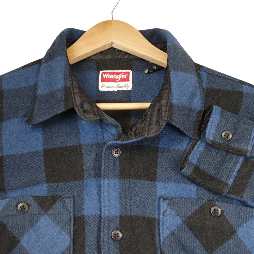 Wrangler Mens XL Blue Black Buffalo Plaid Fleece Button Down Shirt Lumberjack